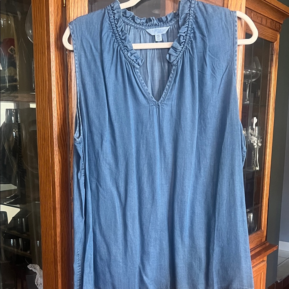 Time and Tru Denim Blue Ruffled Blouse